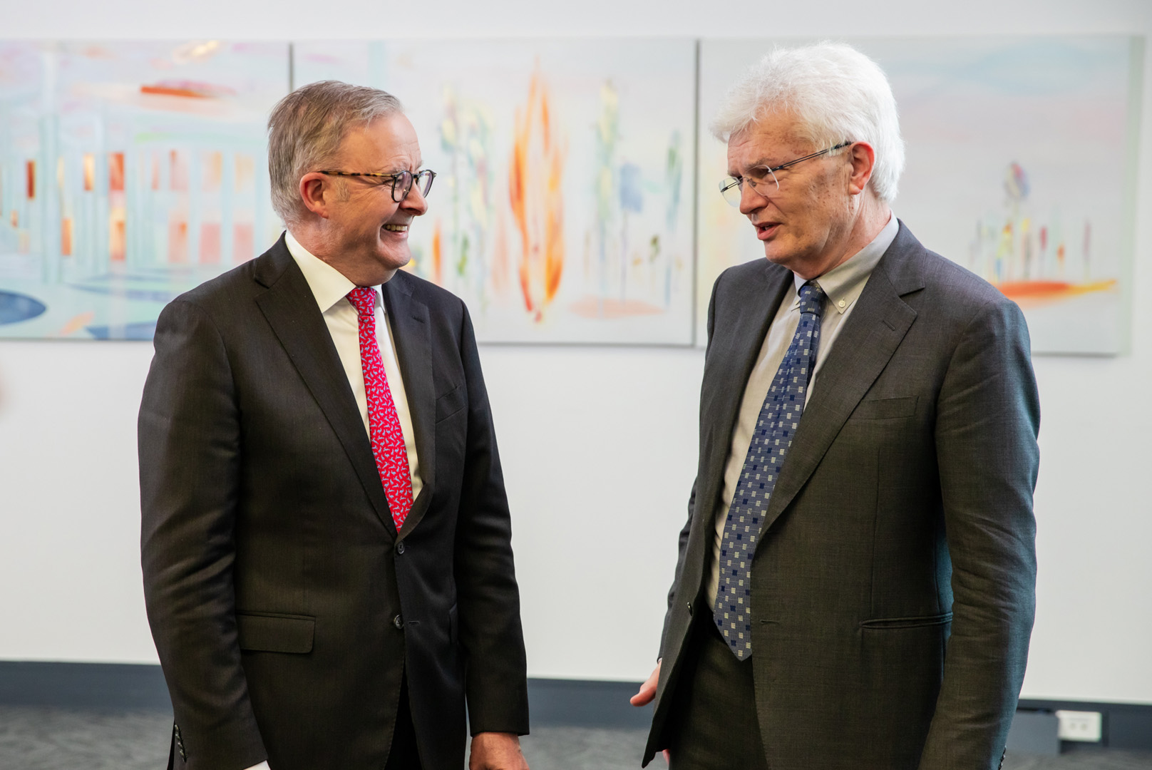 Prime Minister Anthony Albanese smiling at Professor Glyn Davis AC, in discussion. Prime Minister Anthony Albanese smiling at Professor Glyn Davis AC, in discussion.