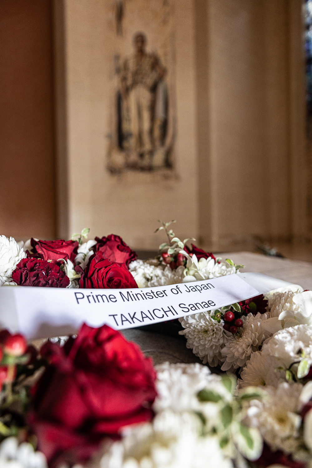 Close up of the wreath laid by Prime Minister of Japan Sanae Takaichi at the Australian War Memorial.