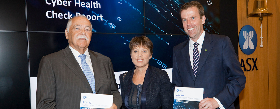 Photograph of the Minister Assisting the Prime Minister for Cyber Security, the ASIC Commissioner and the ASX Chairman launching the ASX 100 Cyber Health Check Report