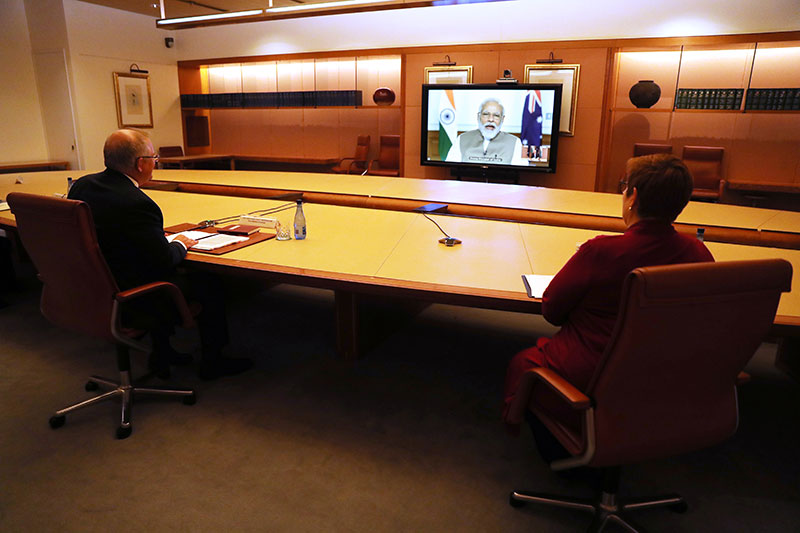 The Prime Minister holds a virtual meeting with the Hon Shri Narendra Modi, Prime Minister of the Republic of India, from Australian Parliament House. Credit: Adam Taylor, Office of the Prime Minister