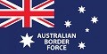 A blue flag with red and white lines crossing in a pattern with blue filling the gaps. Below is a seven pointed star. At right is an arrangement of five stars making a cross shape. In between is the text Australian Border Force.