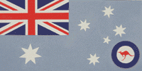 A light blue flag with red and white lines crossing in a pattern with blue filling the gaps. Below is a seven pointed star. At right is an arrangement of five stars making a cross shape. Below that at right is a blue circle with a kangaroo image in the middle.