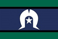 Image of a flag with green panels at the top and bottom and a central blue panel with black lines dividing the panels.  The centre of the flag shows a white traditional headdress and underneath is a white five-pointed star.