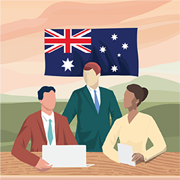 Drawn image of the Australian flag behind 3 people