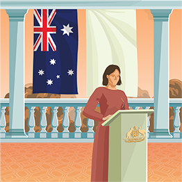 Drawn image of the australian flag hanging behind a person at a lecturn