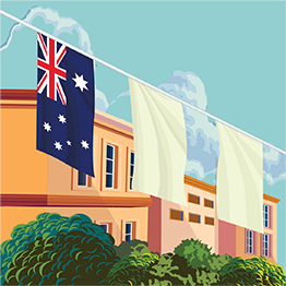 Drawn image of 3 flags hanging with the Australian flag on the left