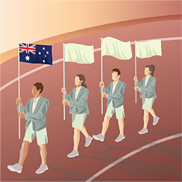 Drawn image of 4 people walking in line with flags with the Australian flag first