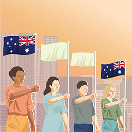 Drawn image of 4 people halding flags in a line with the Australian flag first and last