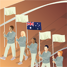Drawn image of 5 people walking in line holding flags with the Australian flag in the centre