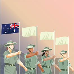 Drawn image of Australian defence personnel holding flags with the Australian flag on the left