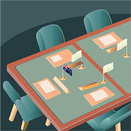 Drawn image of flags on a conference table