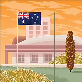 Drawn image of 2 flags on poles with the Australian flag on the left