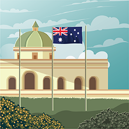Drawn image of 3 flag poles with the Australian flag in the middle