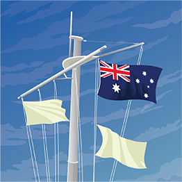 Drawn image of 3 flags on a boat with Australian flag top and center