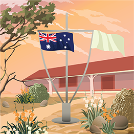 Drawn image of 2 flags on a yard arm flagpole with the Australian flag on the left