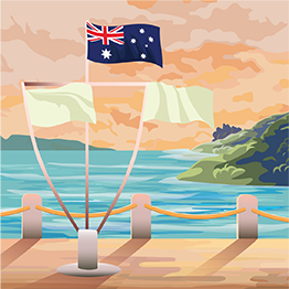 Drawn image of 3 flags on a pole with a yard arm the Australian flag above and the other 2 below