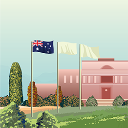 Drawn image of 3 flags with the Australian flag on the left