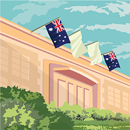 Drawn image of 4 flags haging from a building with the Australian flag on the far left and right