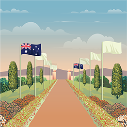 Drawn image of 2 rows of flags with the Australian flag first from both sides
