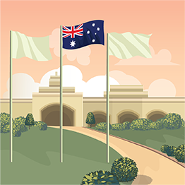 Drawn image of 3 flags with the Australian flag in the middle