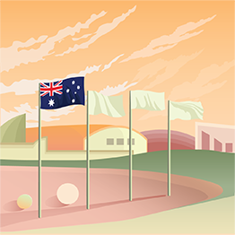 Drawn image of 4 flags on poles with the Australian flag on the left