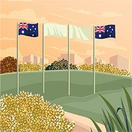 Drawn image of 4 flags with the Australian flag far left and right