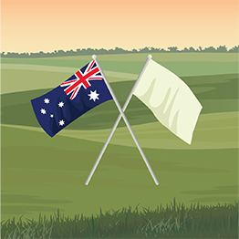 Drawn image of 2 flags crossed on grass with the Australian Flag on the left