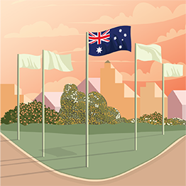 Drawn iumage of 5 flags in a semi circle with the Australian flag in the middle