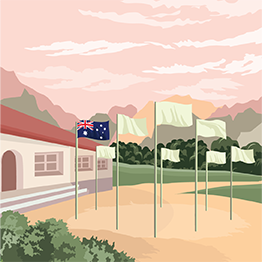Drawn image of 8 flags in a circle with the Australian flag center left