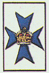 Background silver, containing a blue Maltese Cross surmounted by an Imperial Crown in normal colours.
