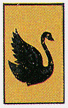 Background gold featuring a black swan swimming to the wearer's left (viewer's right).