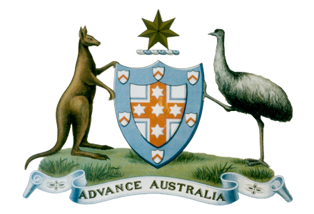 A kangaroo at left and an emu at right support a shield with a red cross in it. The cross has 5 white stars within it. Above the plaque is a bronze star and below are the words: Advance Australia.