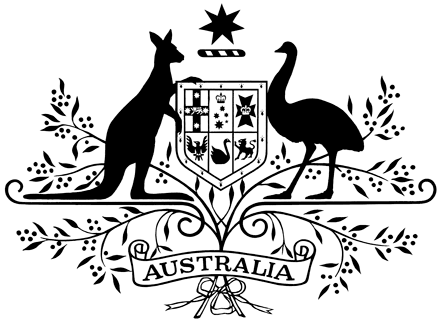 A kangaroo at left and an emu at right support a five sided plaque with images of a cross, a bird, a swan, a lion and more between them. They stand on supports with flowering branches all around them. Above the plaque is a star and below the word: Australia. The whole image is black on a white background.