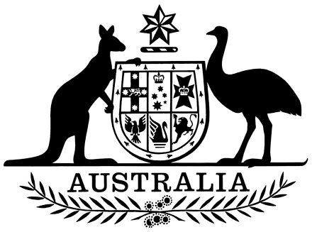 A kangaroo at left and an emu at right support a five sided plaque with images of a cross, a bird, a swan, a lion and more between them. They stand on supports. Above the plaque is a star and below the word: Australia. Under that is a branch with leaves. The whole image is black on a white background.