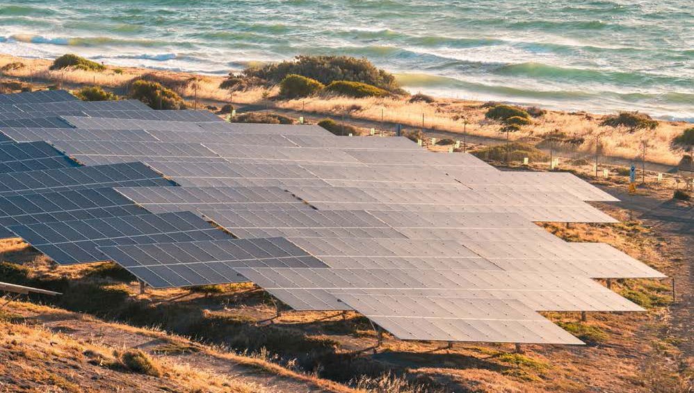 Solar panels installed along the coastline in South Australia.