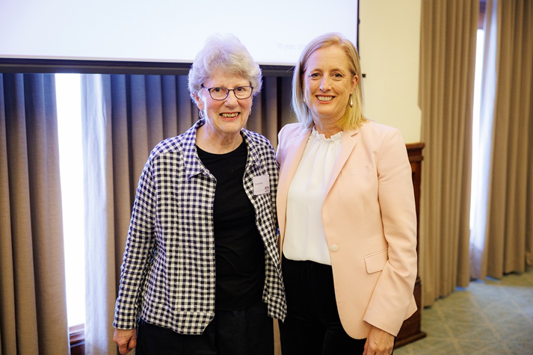 Elizabeth Reid AO and Senator the Hon Katy Gallagher, Minister for Women pose for a photograph while attending an event celebrating the Office for Women’s 50th anniversary.