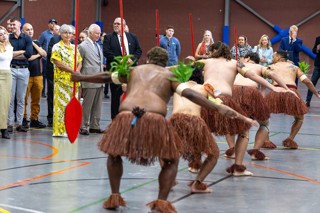 His Majesty enjoys a dance performance from Aboriginal and Torres Strait Islander performers at the National Centre of Indigenous Excellence in Sydney, Tuesday 22 October 2024.