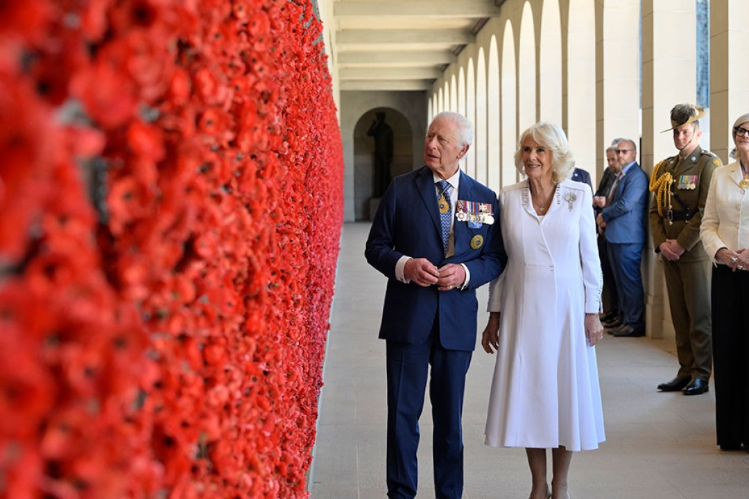 Their Majesties stand in front of a wall of red poppies.