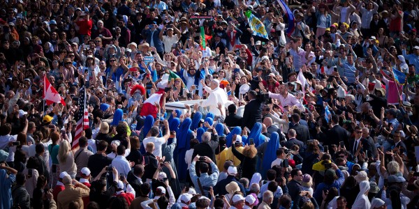 Inauguration Mass of His Holiness Pope Leo XIV at Saint Peter’s Square. People waving flags from different nations gather around Pope Leo XIV.