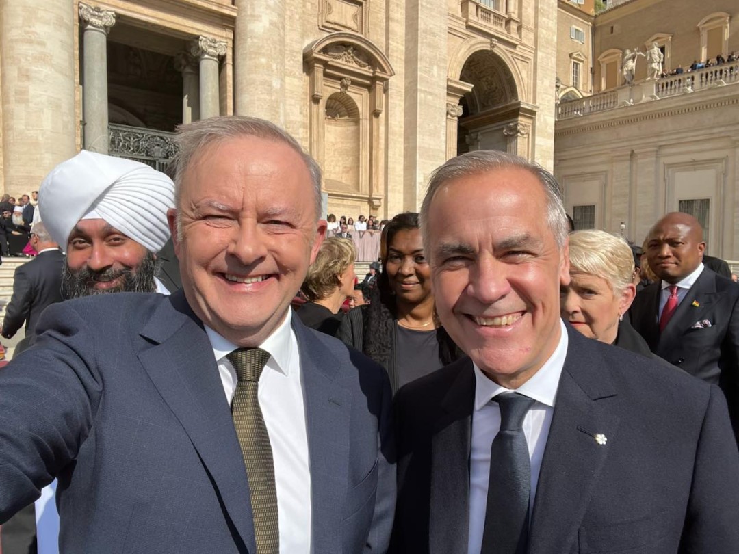 A selfie of Prime Minister Anthony Albanese with Canadian Prime Minister Mark Carney at the inauguration of the Holy Father. 