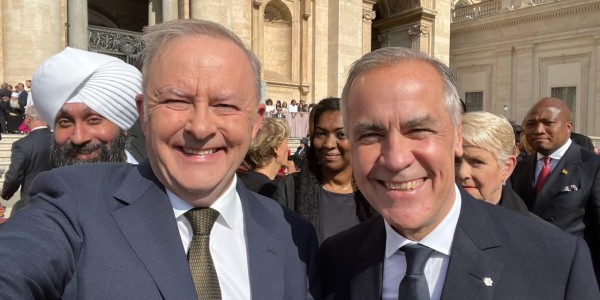 A selfie of Prime Minister Anthony Albanese with Canadian Prime Minister Mark Carney at the inauguration of the Holy Father. 
