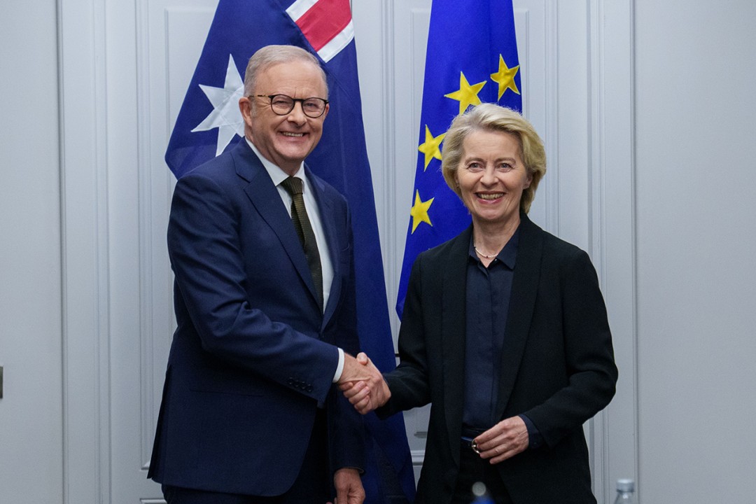 Prime Minister Anthony Albanese met with EU Commission President Ursula von der Leyen while in Rome, Italy. They shake hands in front of the flags of Australia and the European Union.