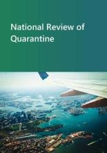 Green pane at top with the text: National review of quarantine. At bottom is an image showing part of an aeroplane wing and a city below.