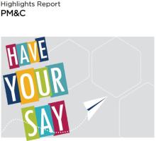 A grey tile with the following text with white letters on different coloured backgrounds: Have your say.