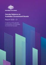 A purple tile with up thrusting bars of various colours. At the top is text: Gender balance in Australian government boards report 2020-21 the te