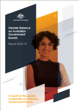 Colourful panels arrayed left to right. At left is the text: gender balance on Australian Government Boards. In the middle is a picture of a woman with curly hair and wearing glasses.