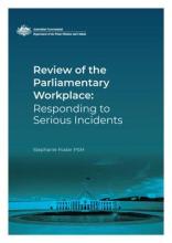 A blue book with an image of a large building at the bottom. At the top is the text: Review of the Parliamentary workplace: responding to serious incidents