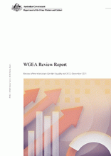A colourful tile with vertical bars, obliquely angled arrows, concentric circles and more. Above is the following text: WGEA Review Report. Review of the Workplace Gender Equality Act 2012, December 2021