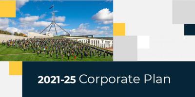 image of a large building with lawn up on side. On the lawn a hundreds of people. Under the image are the words: 2021-25 Corporate Plan