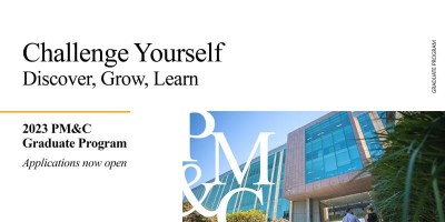 Image of a building with two people walking towards the entrance. Text on image reads: Challenge yourself. Discover, Grow, Learn. 2023 PM&C Graduate program. Applications now open.